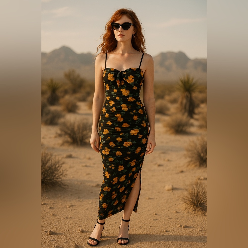 Venus Floral Ruched Midi Dress – Black Yellow Print, Size M, NWOT